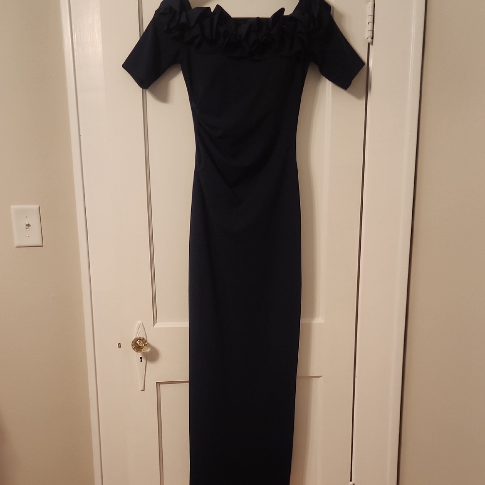 Xscape Navy Off-Shoulder Short Sleeve Maxi Gown